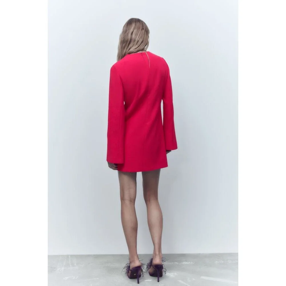 Hot Pink Zara Front Cutout Flare Sleeve Round Neck Mini Dress (NWT) - Picture 4 of 11
